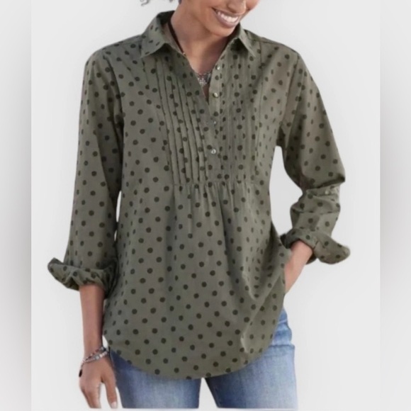 SUNDANCE Woven Lively Days Tunic Shirt Khaki Polka Dot Pintuck Popover Shirt M - Picture 1 of 10